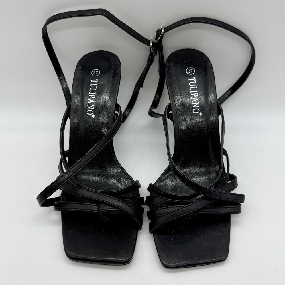 Tulipano Black Strappy Sandals Square Toe Ankle Strap Stiletto Heels Size 6.5